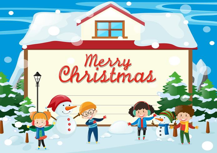 Christmas card template with kids in the snow vector