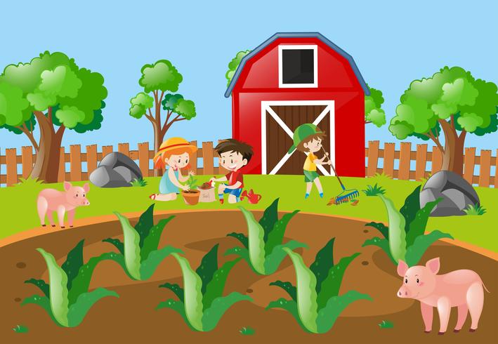 Kids planting tree in the farmyard vector