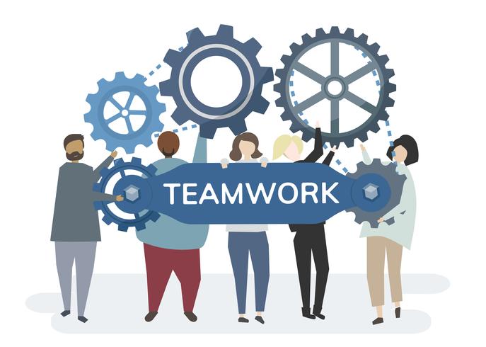Illustration of character with cogwheel gears portraying teamwork ...