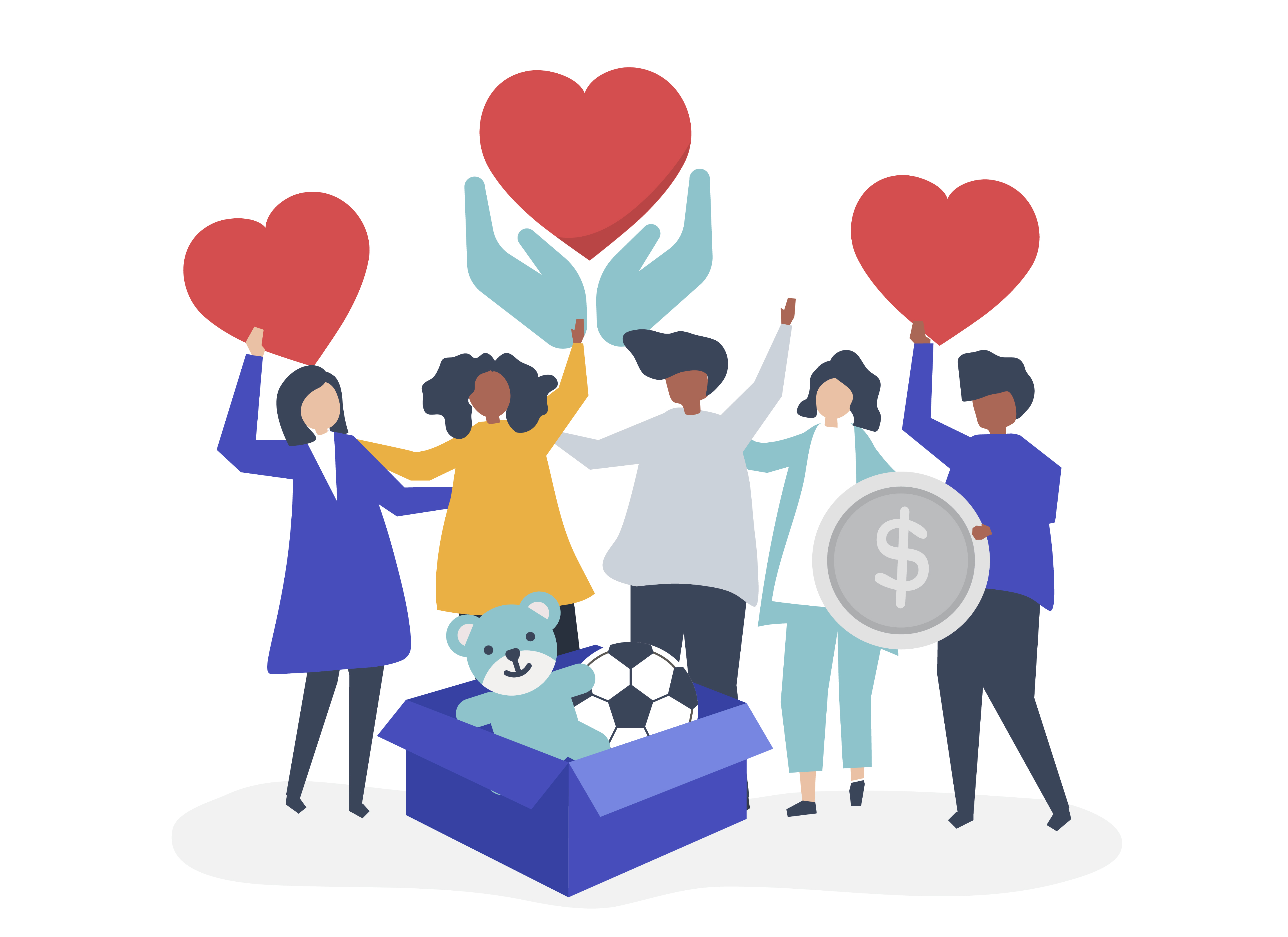 People volunteering and donating money and items to a charitable cause