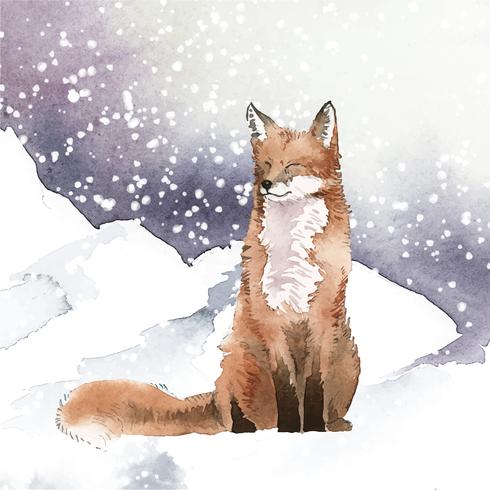 Hand-drawn fox in the snow watercolor style