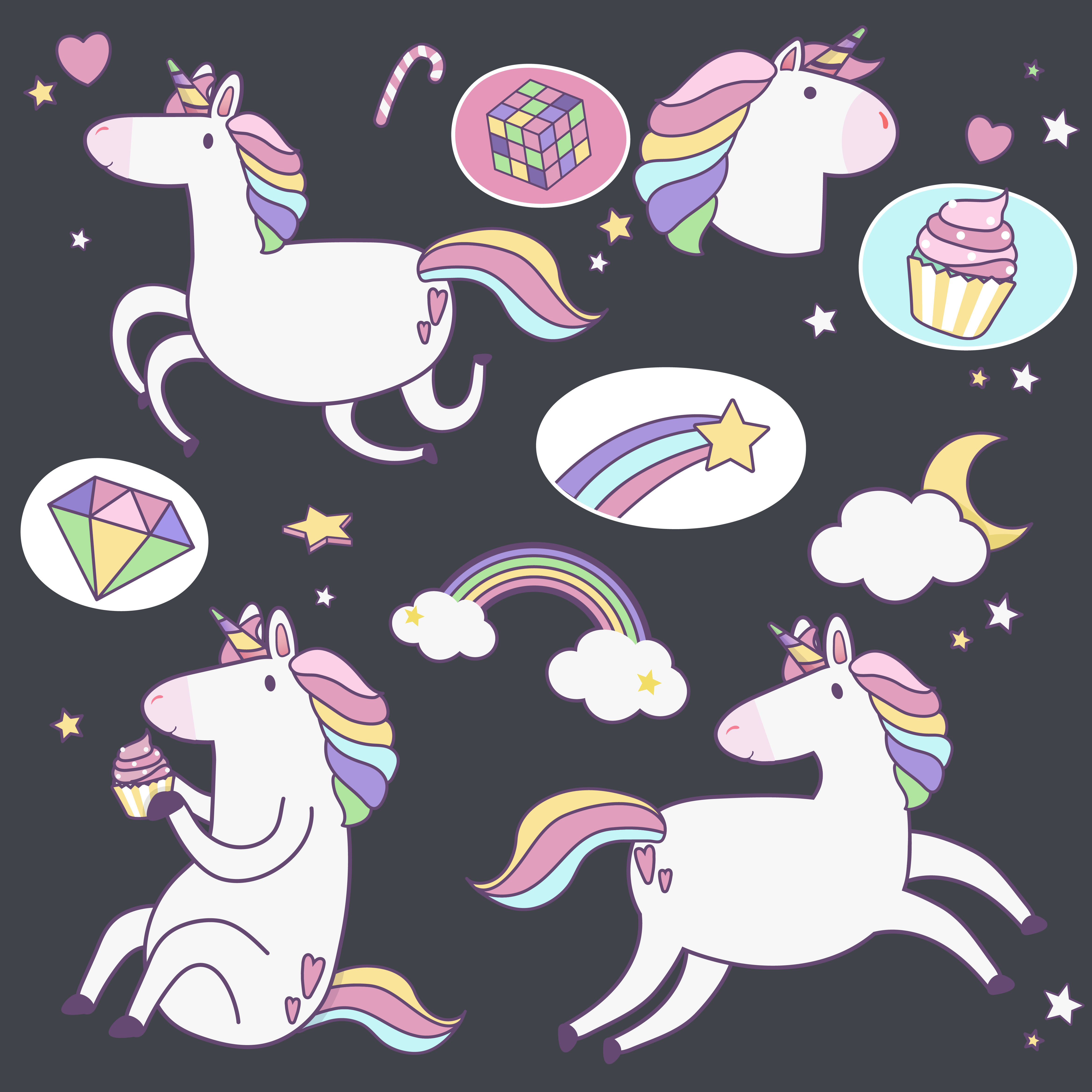 Cute unicorns with magic element stickers vector - Download Free