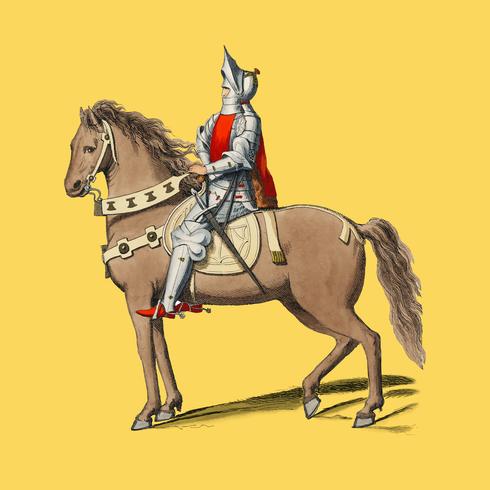 Costume Militaire Florentin, by Paul Mercuri 1860 a portrait of a knight on horse back with full armor. Digitally enhanced by rawpixel. vector