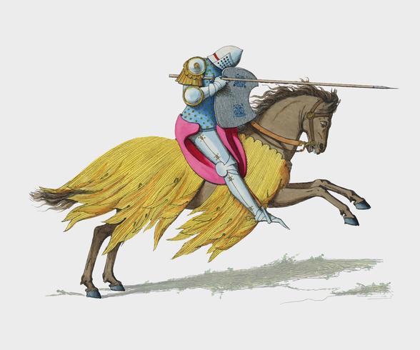 Chevalier Francais, XIVe Siecle, by Paul Mercuri 1860, a knight on horse back with full armor ready to joust. Digitally enhanced by rawpixel. vector