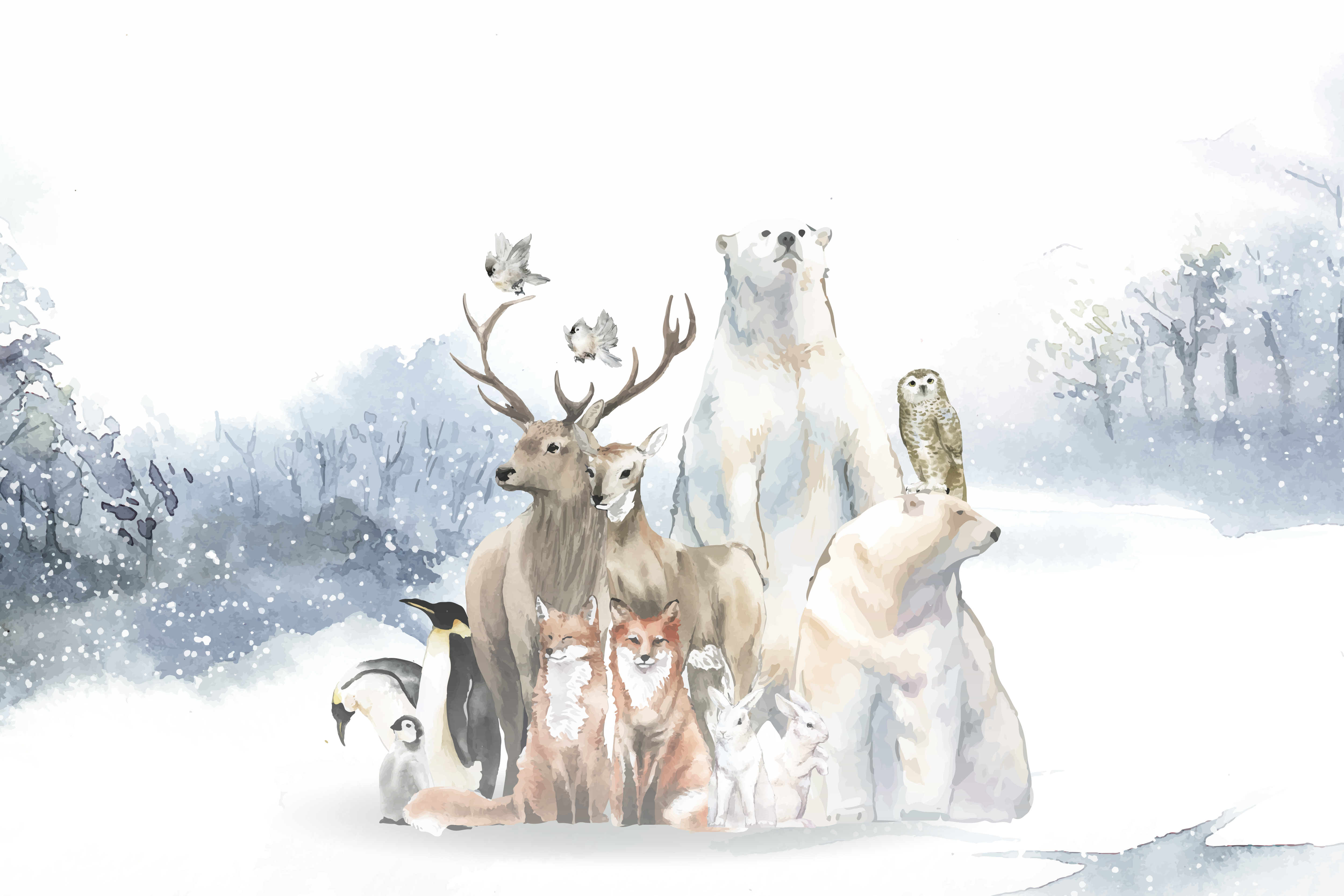 Group of wild animals in the snow drawn in watercolor - Download Free ...