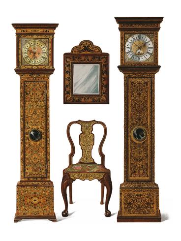 An illustration of Edwardian furniture 1905 drawn by Shirley Slocombe, a beautifully detailed design of a wooden chair, framed mirror and two grandfather clocks. Digitally enhanced by rawpixel. vector