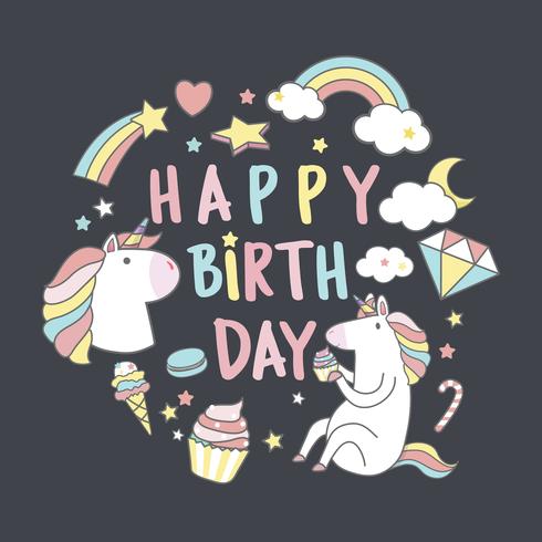 Happy Birthday unicorn with magic elements card vector - Download Free ...