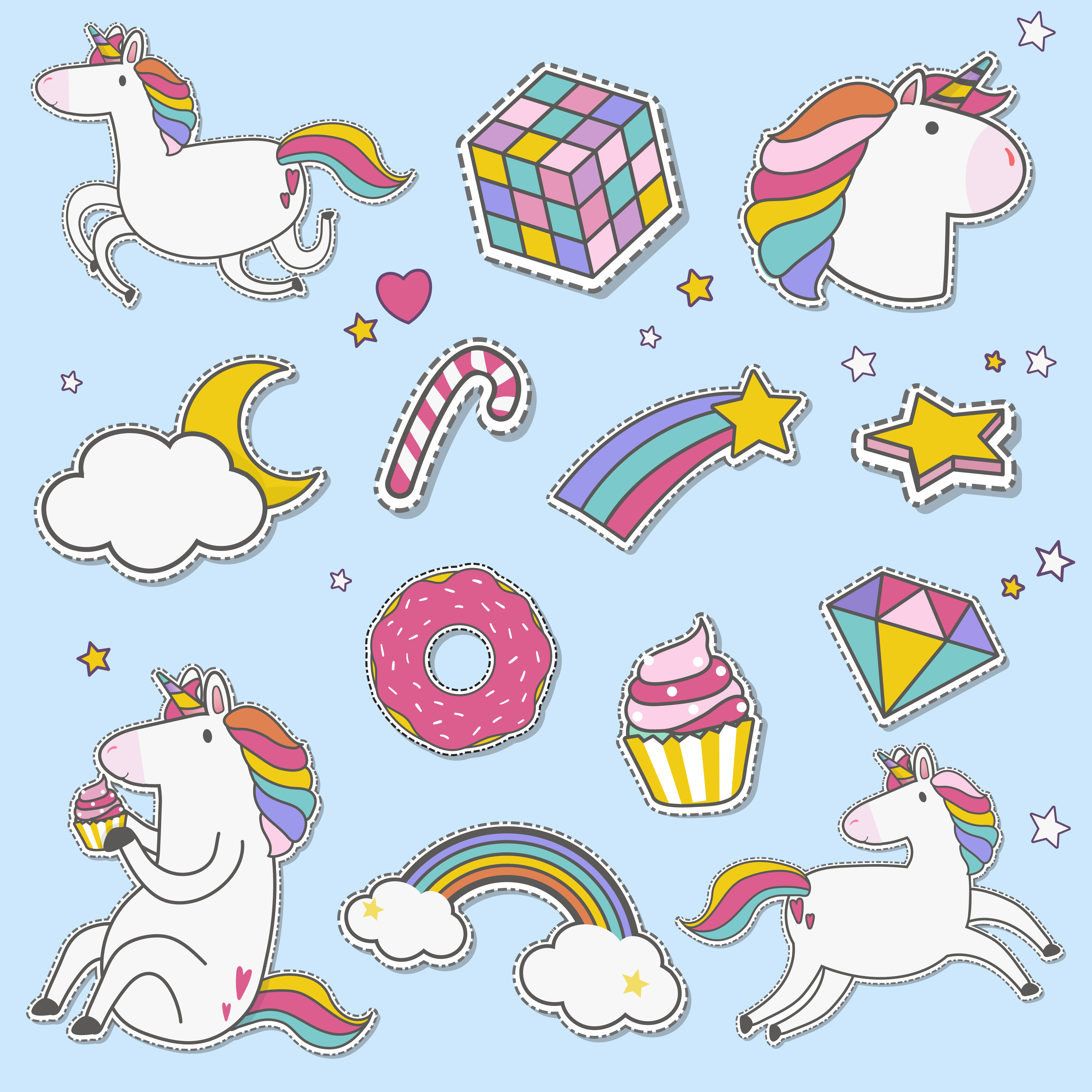 Cute unicorns with magic element stickers vector Download Free