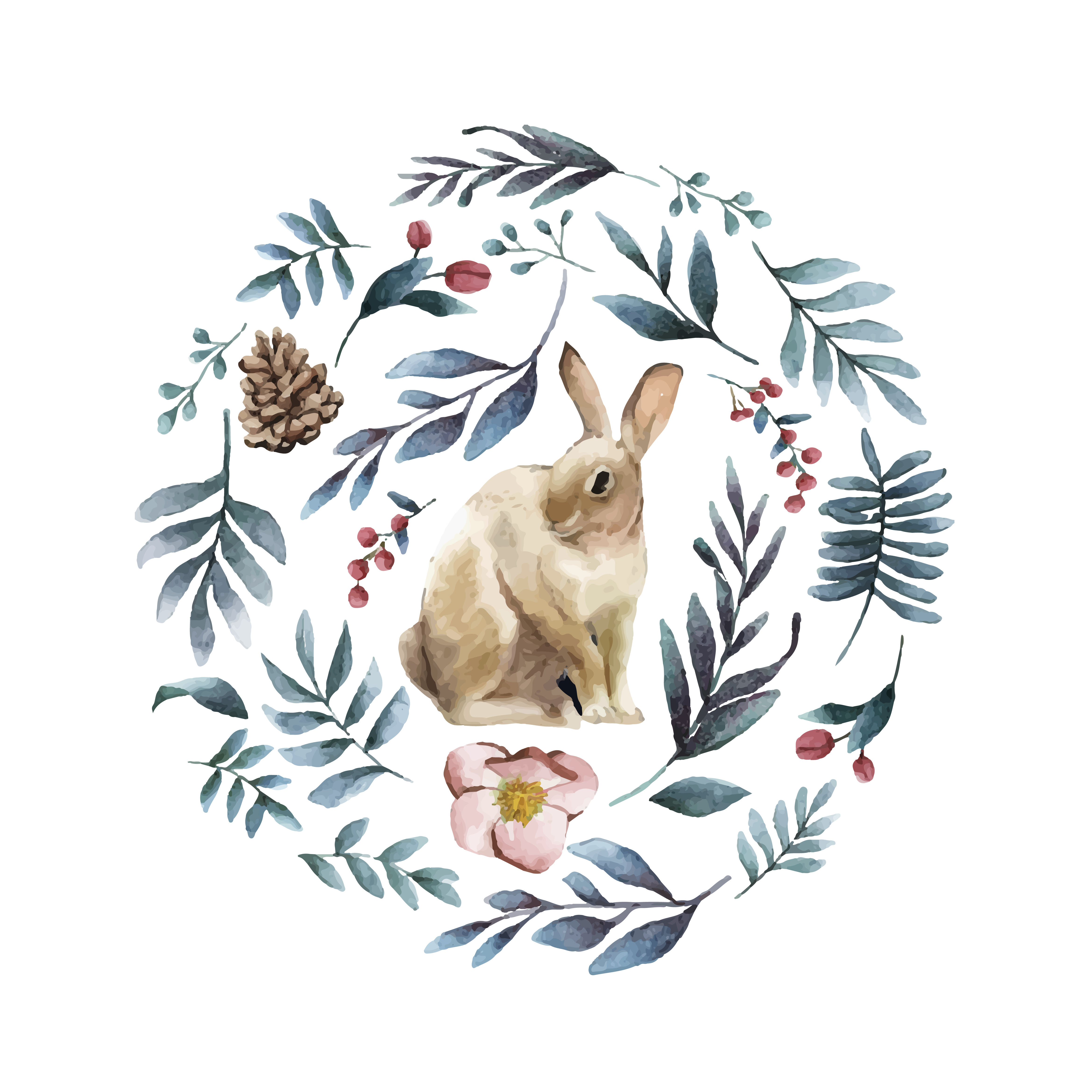 Rabbit surrounded by winter bloom painted by watercolor vector