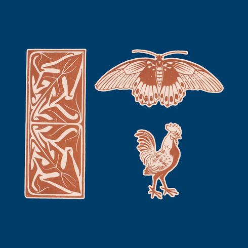 Butterfly, rooster and leaf ornament 1901 by Julie de Graag 1877-1924. Original from the Rijks Museum. Digitally enhanced by rawpixel. vector