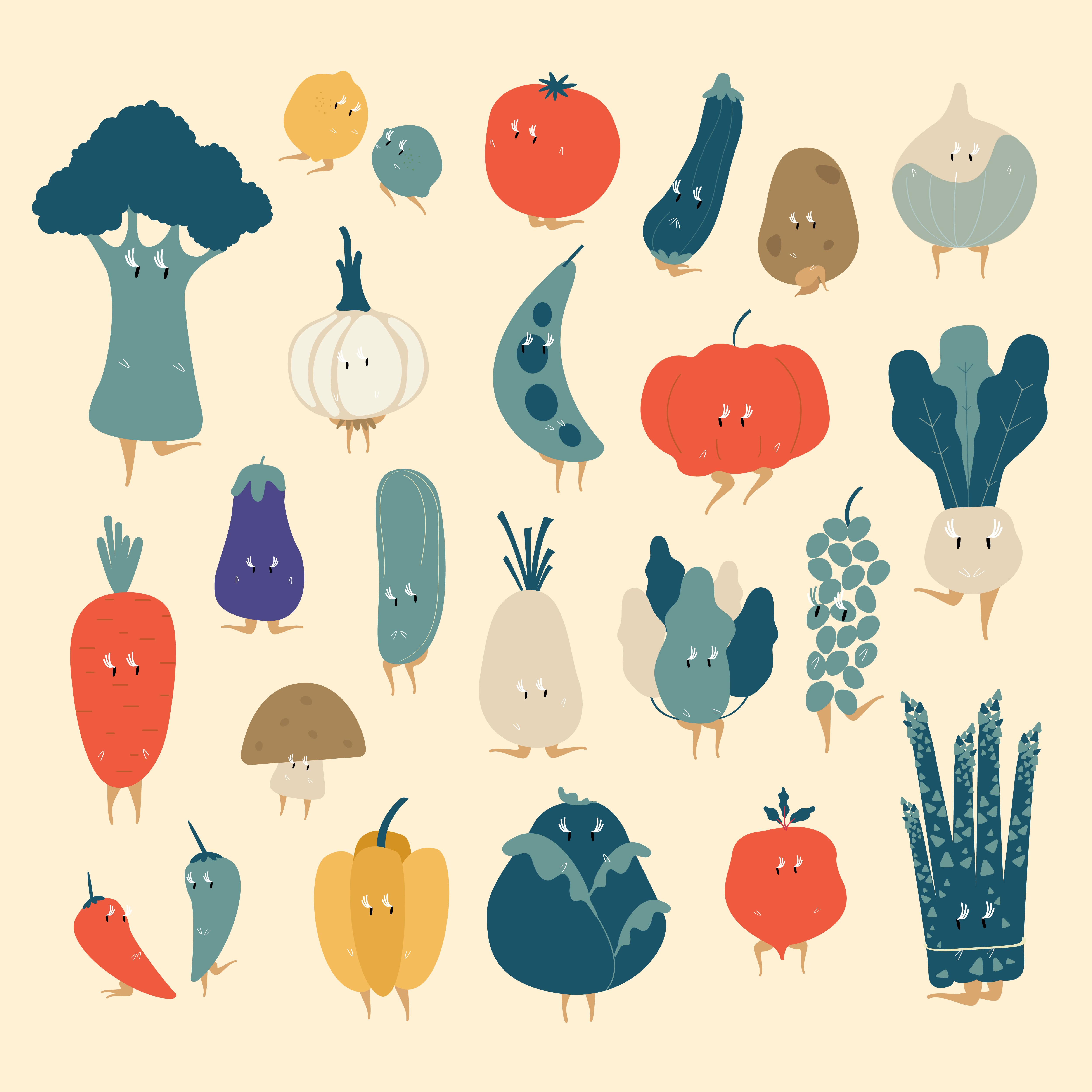 Various organic vegetable cartoon characters vector set Download Free Vectors, Clipart