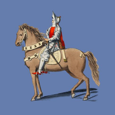 Costume Militaire Florentin, by Paul Mercuri 1860 a portrait of a knight on horse back with full armor. Digitally enhanced by rawpixel. vector