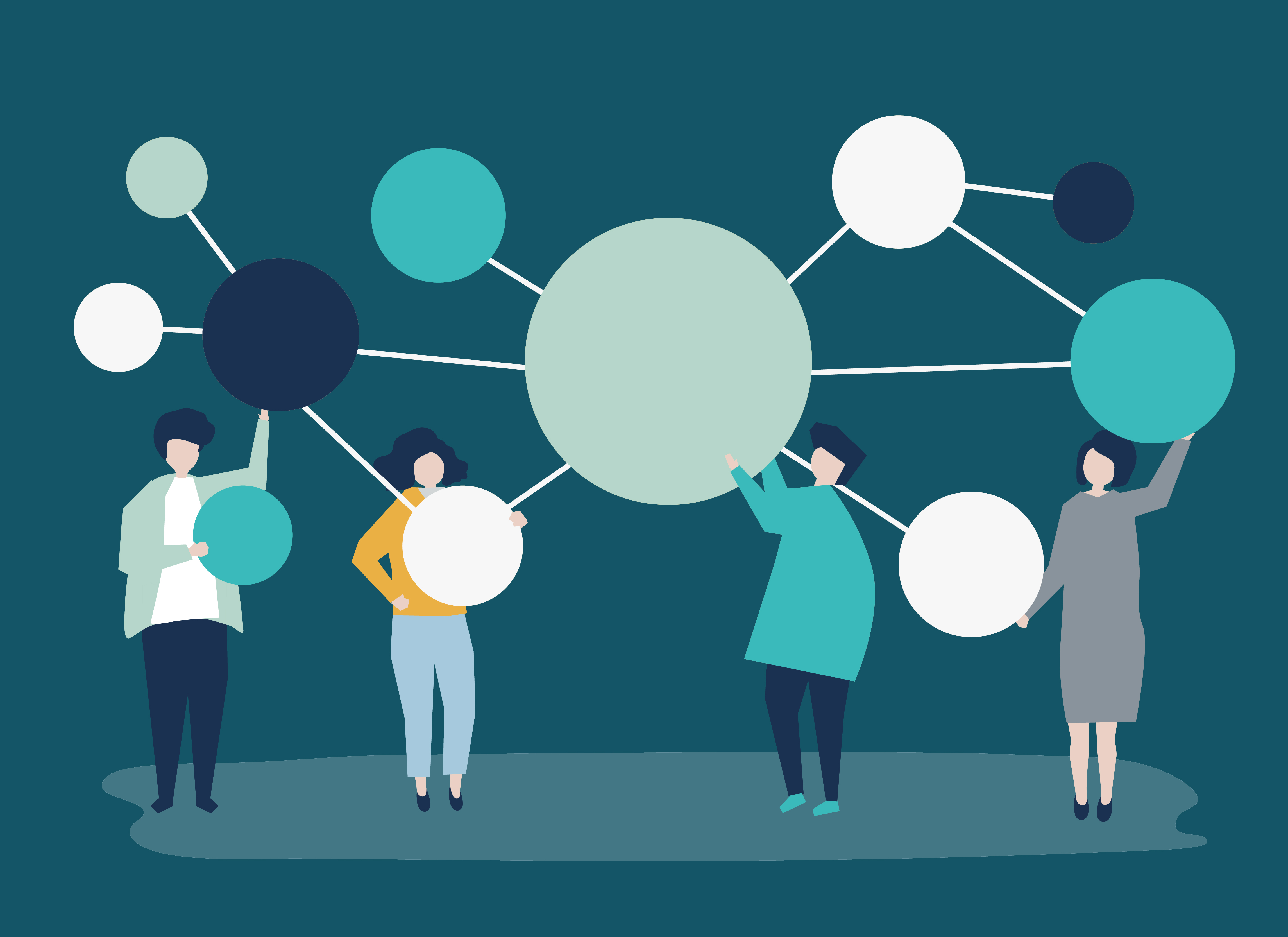 People holding connected copy space circle icons illustration