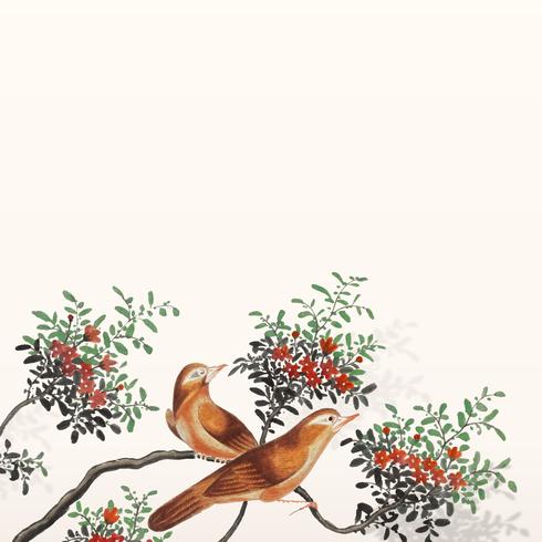 Chinese painting featuring two birds on a flowering tree branch card