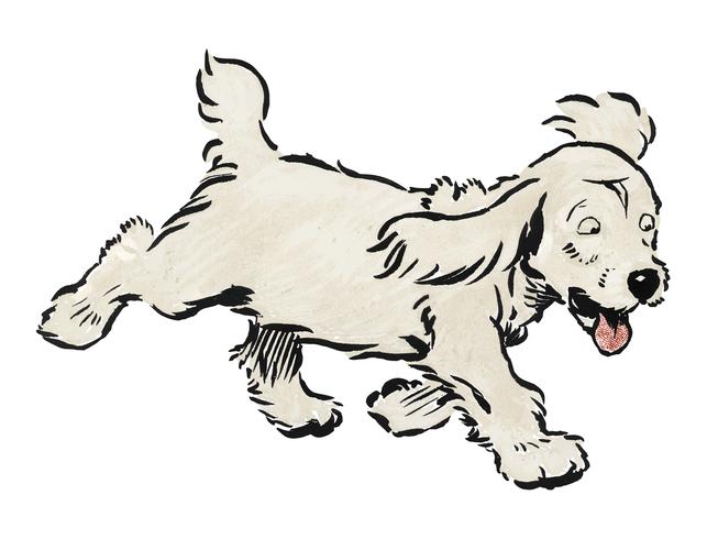 The White Puppy Book by Cecil Aldin 1910, a white dog Rags running emotionally distressed. Digitally enhanced by rawpixel. vector