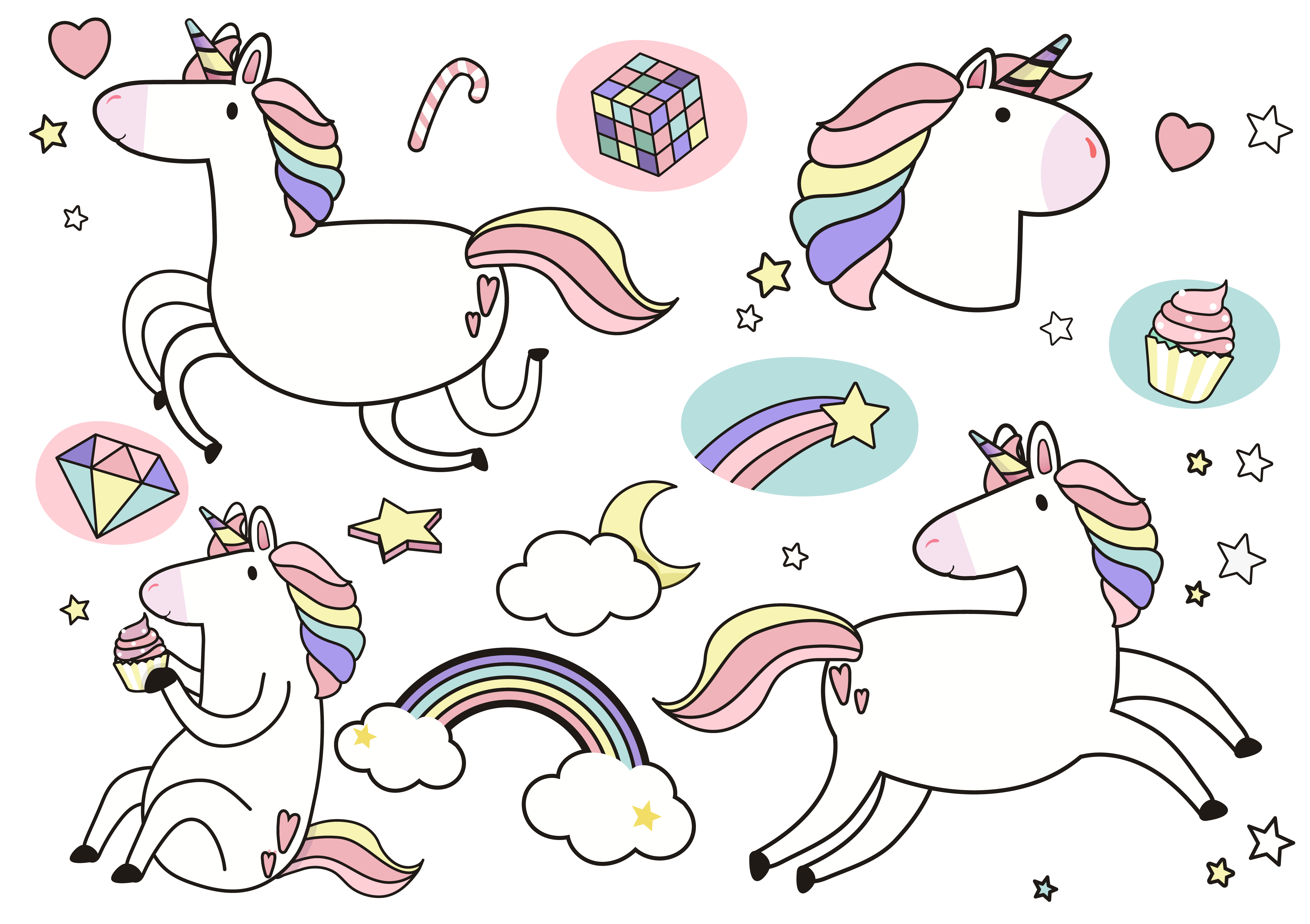 Cute unicorns with magic element stickers vector - Download Free ...