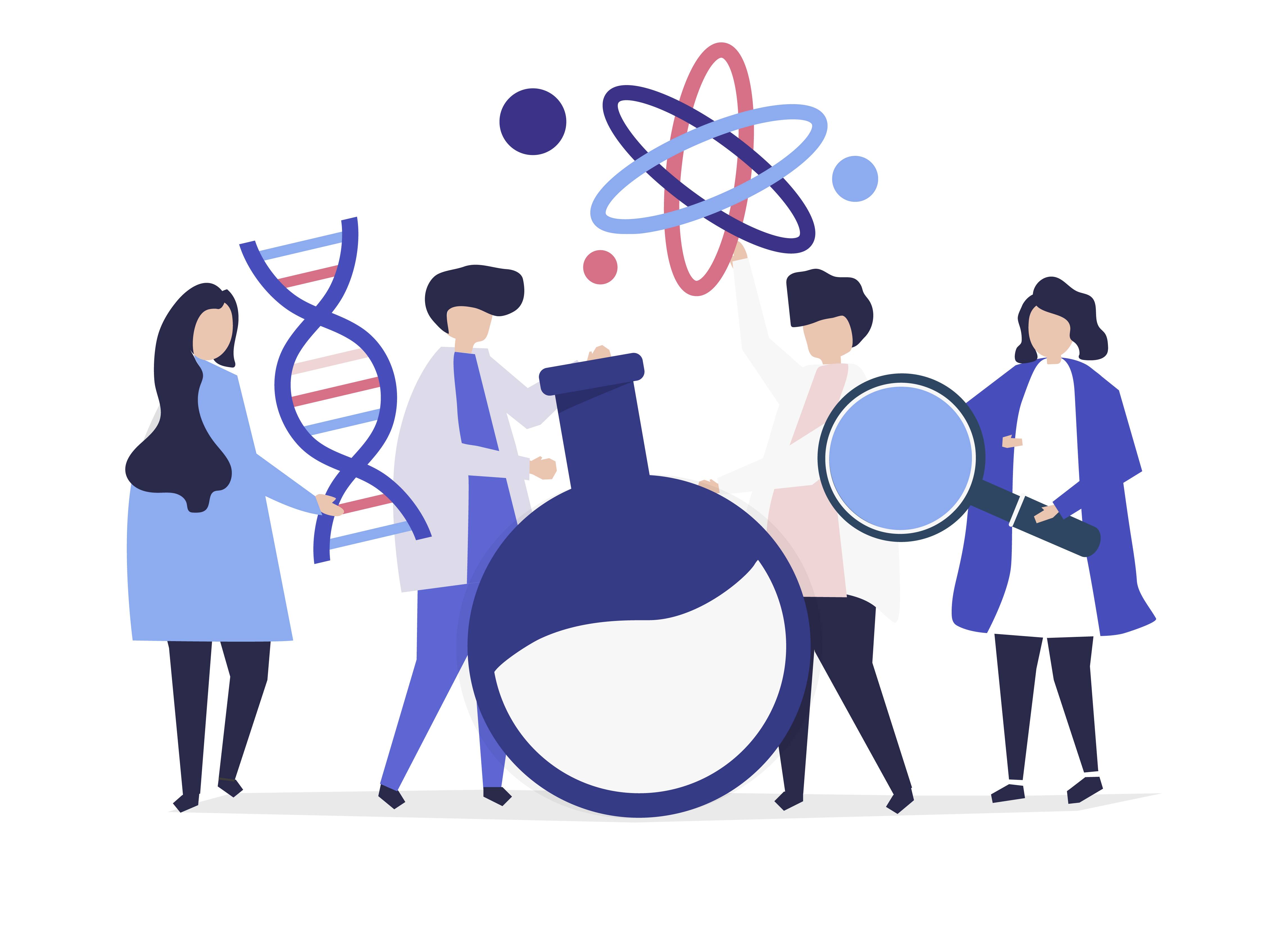 Characters of scientists holding chemistry icons illustration