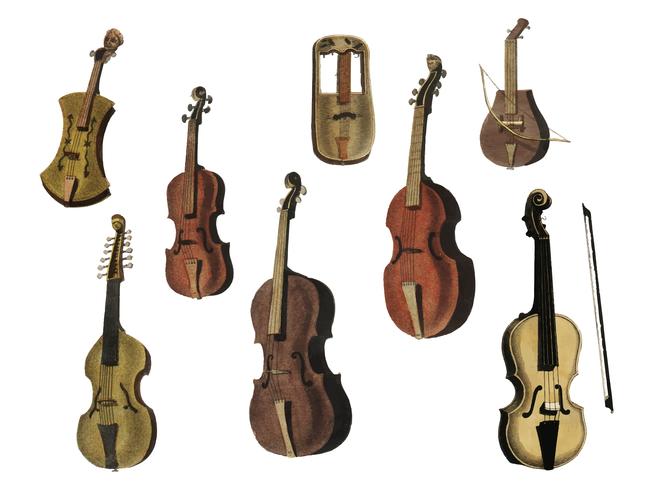 Musik (1850) publicó en Copenhague, una ilustración vintage de violín, guitarra clásica y variantes de flauta. Mejorado digitalmente por rawpixel. vector