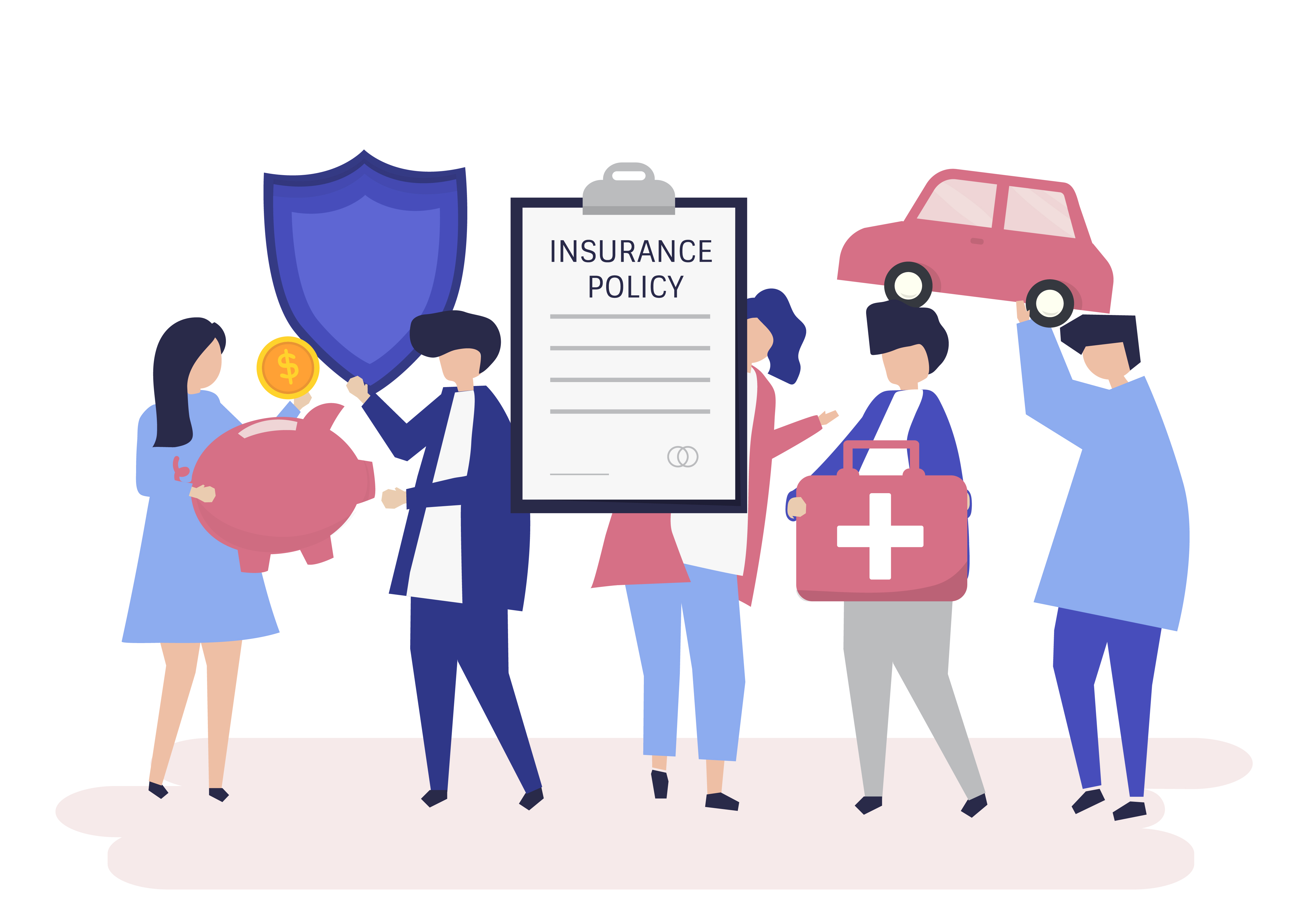 Characters of people holding insurance icons illustration Characters of people holding insurance icons illustration