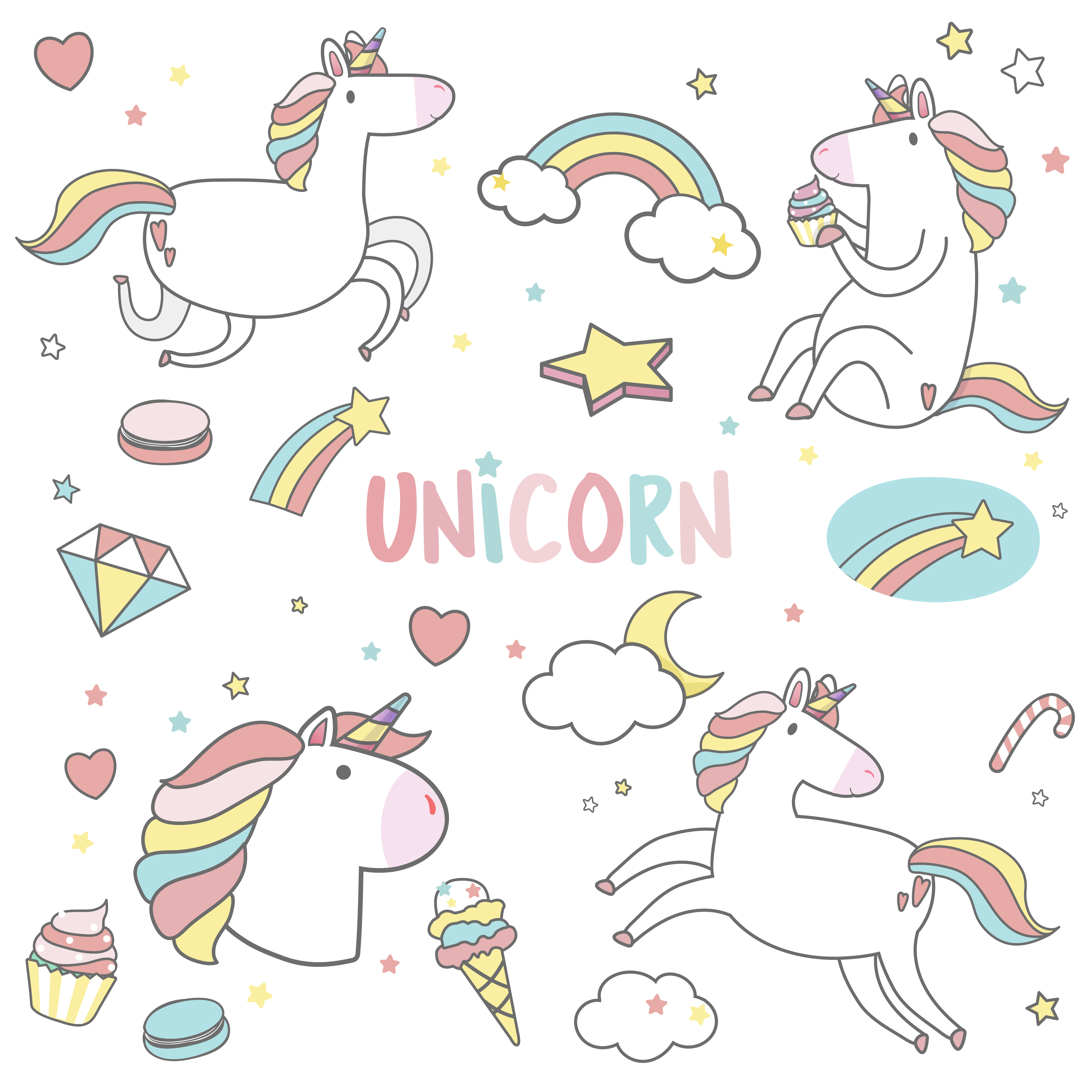 cute unicorns with magic element stickers vector
