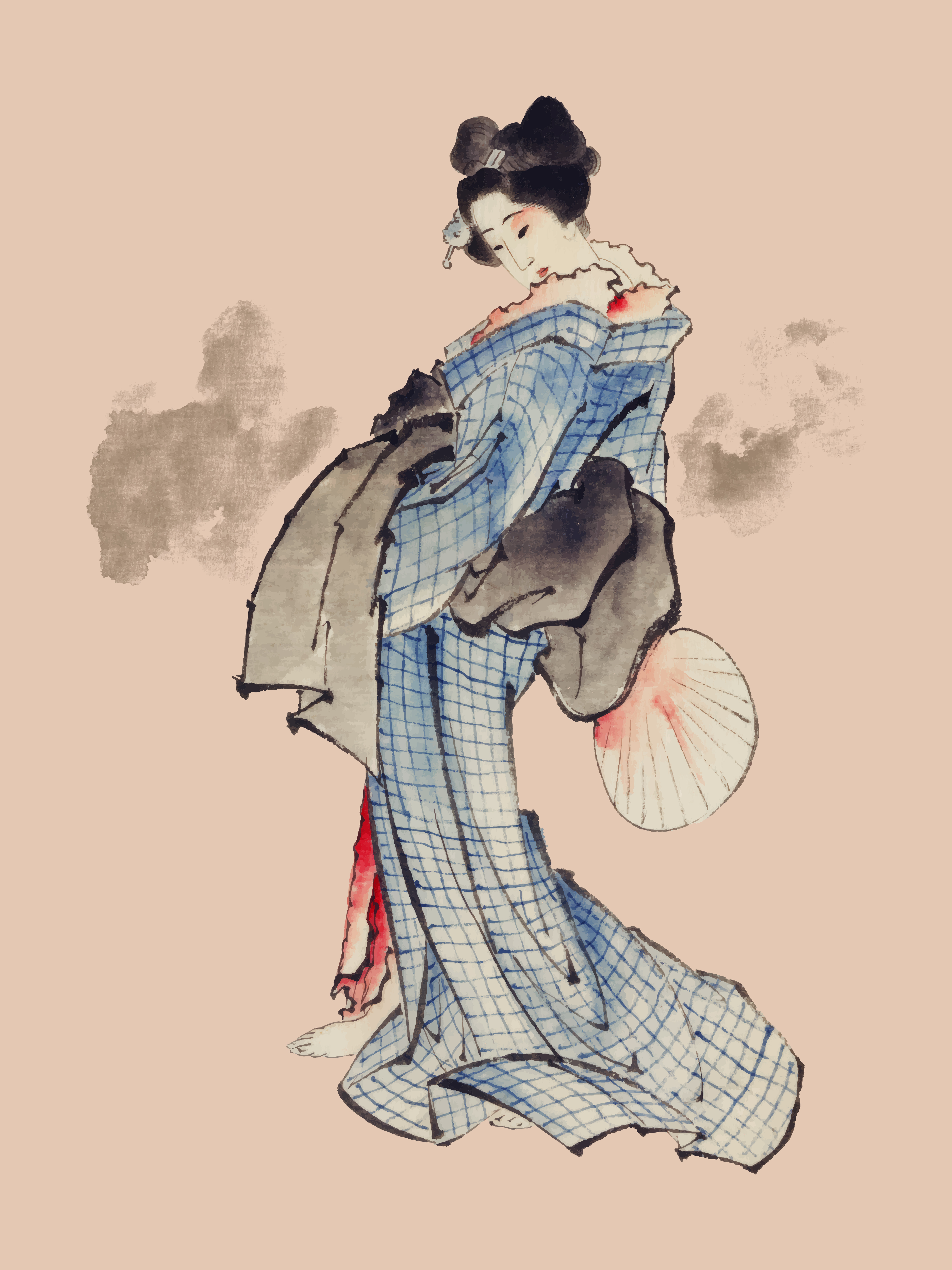 Traditional Japanese Ukyio-e style illustration of a Japanese woman in