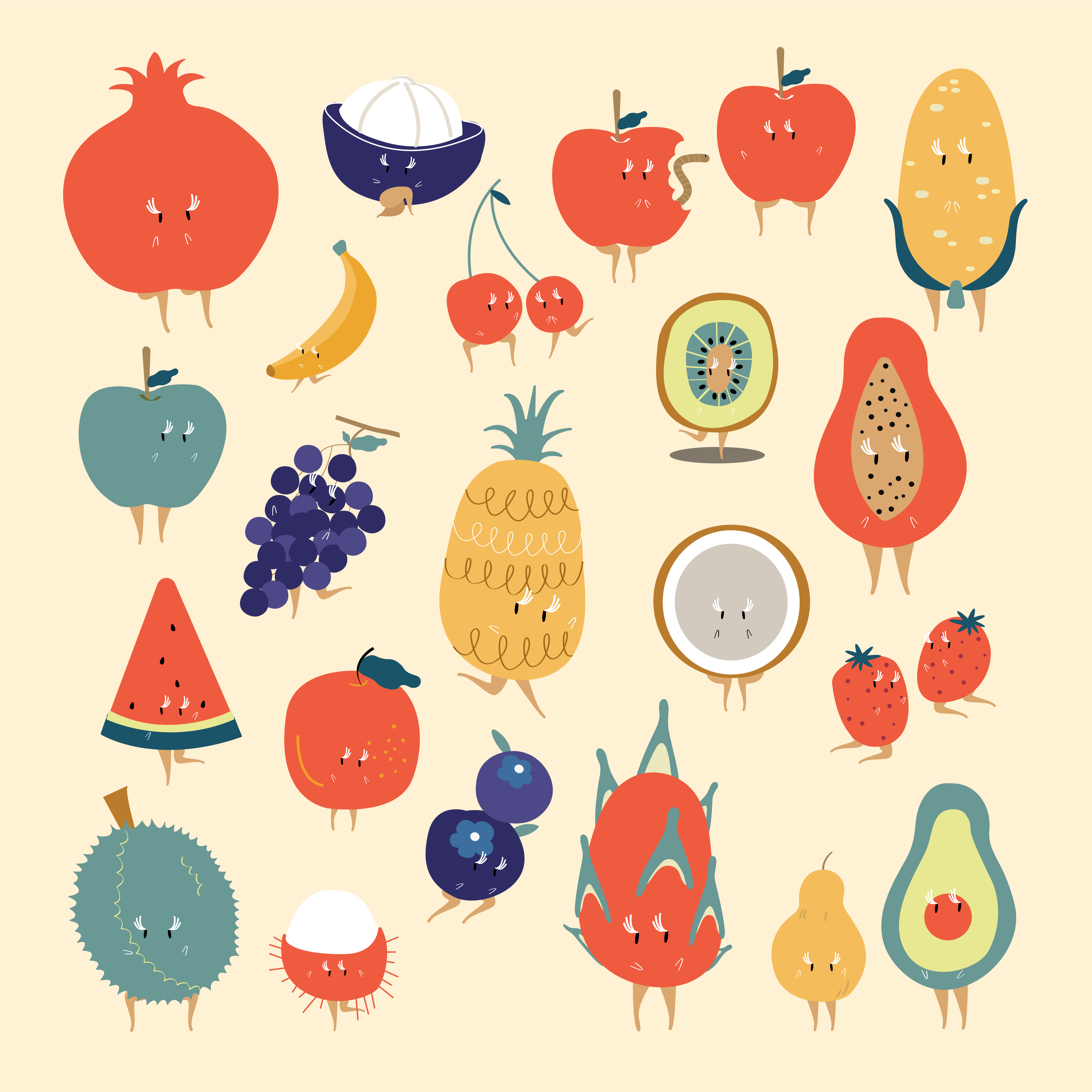 Download Tropical fruit cartoon characters vector set - Download ...