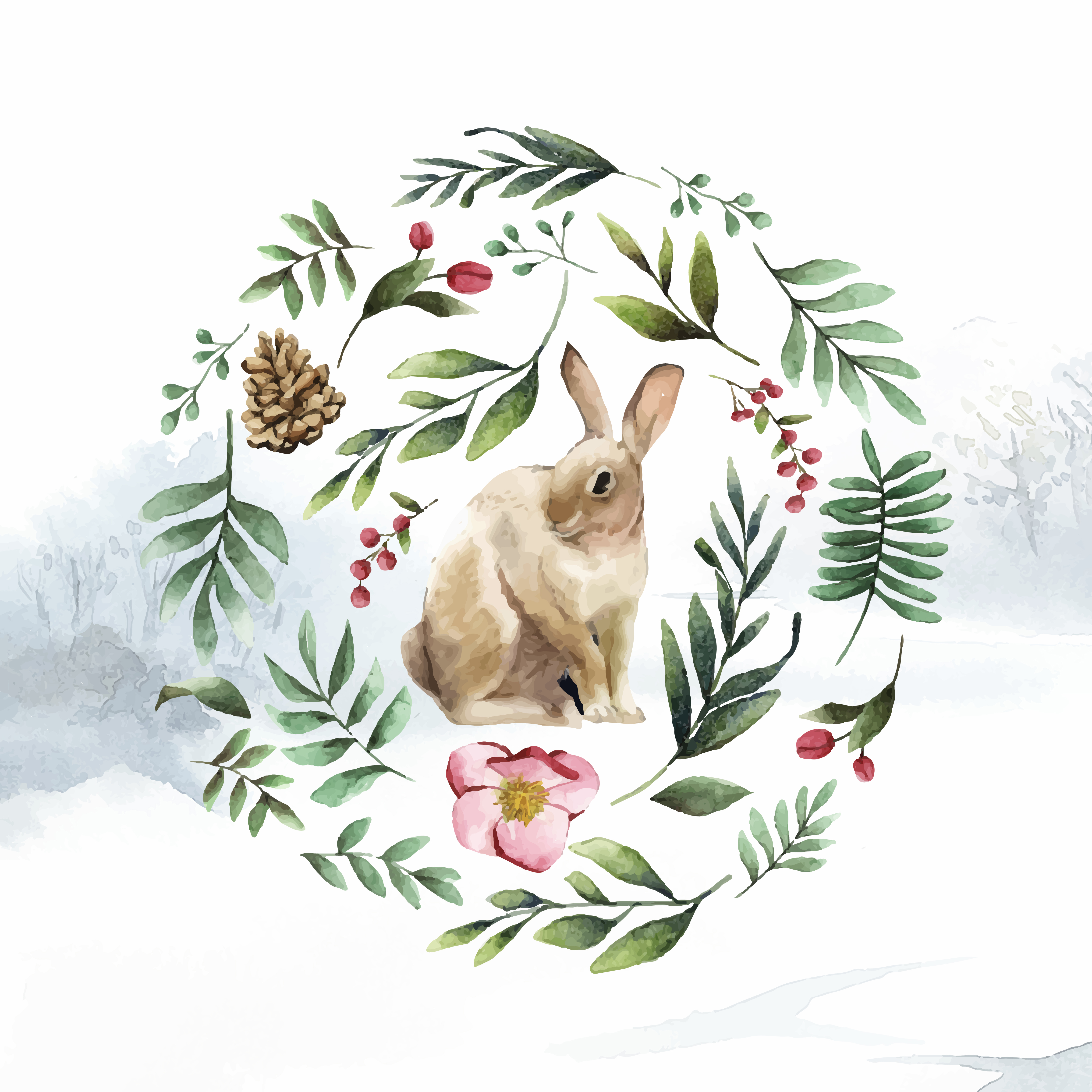 Lapin entouré de fleurs d'hiver peint par vecteur ...