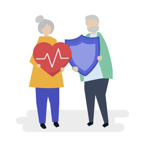 Senior couple holding health insurance icons