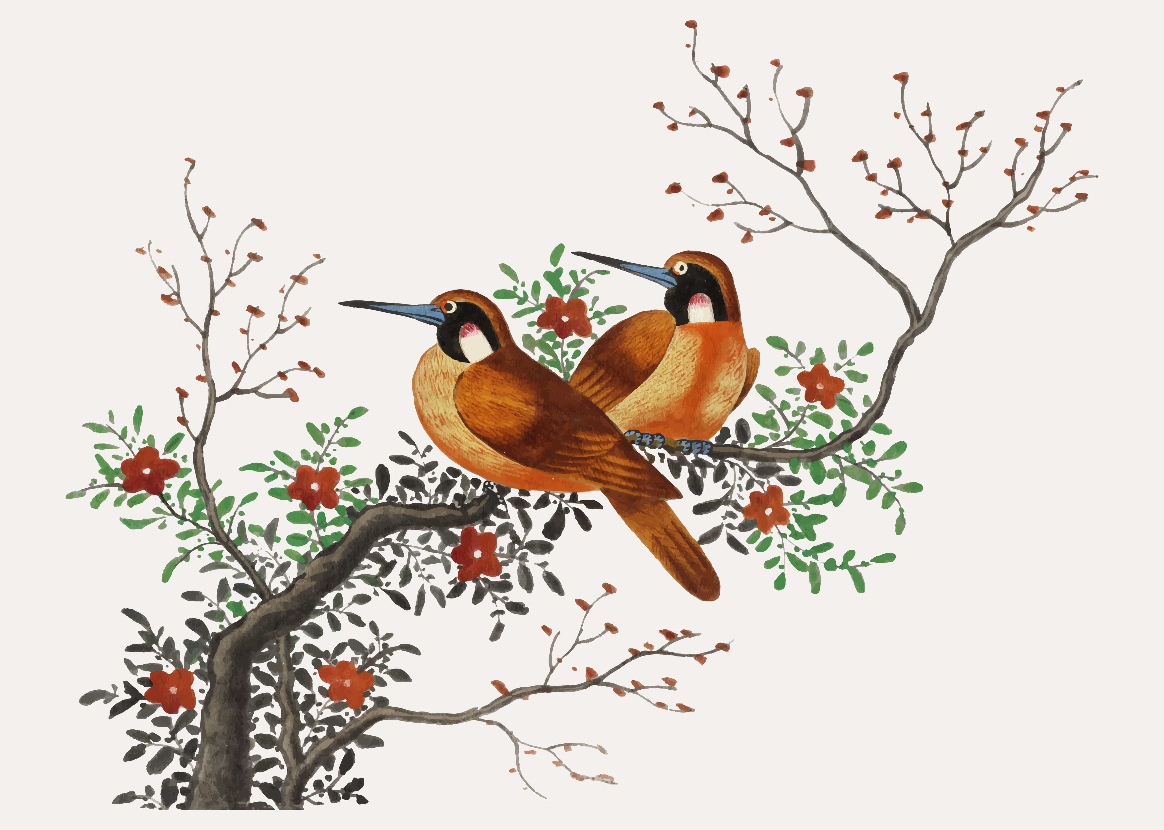 Chinese painting featuring two birds on a flowering tree ...