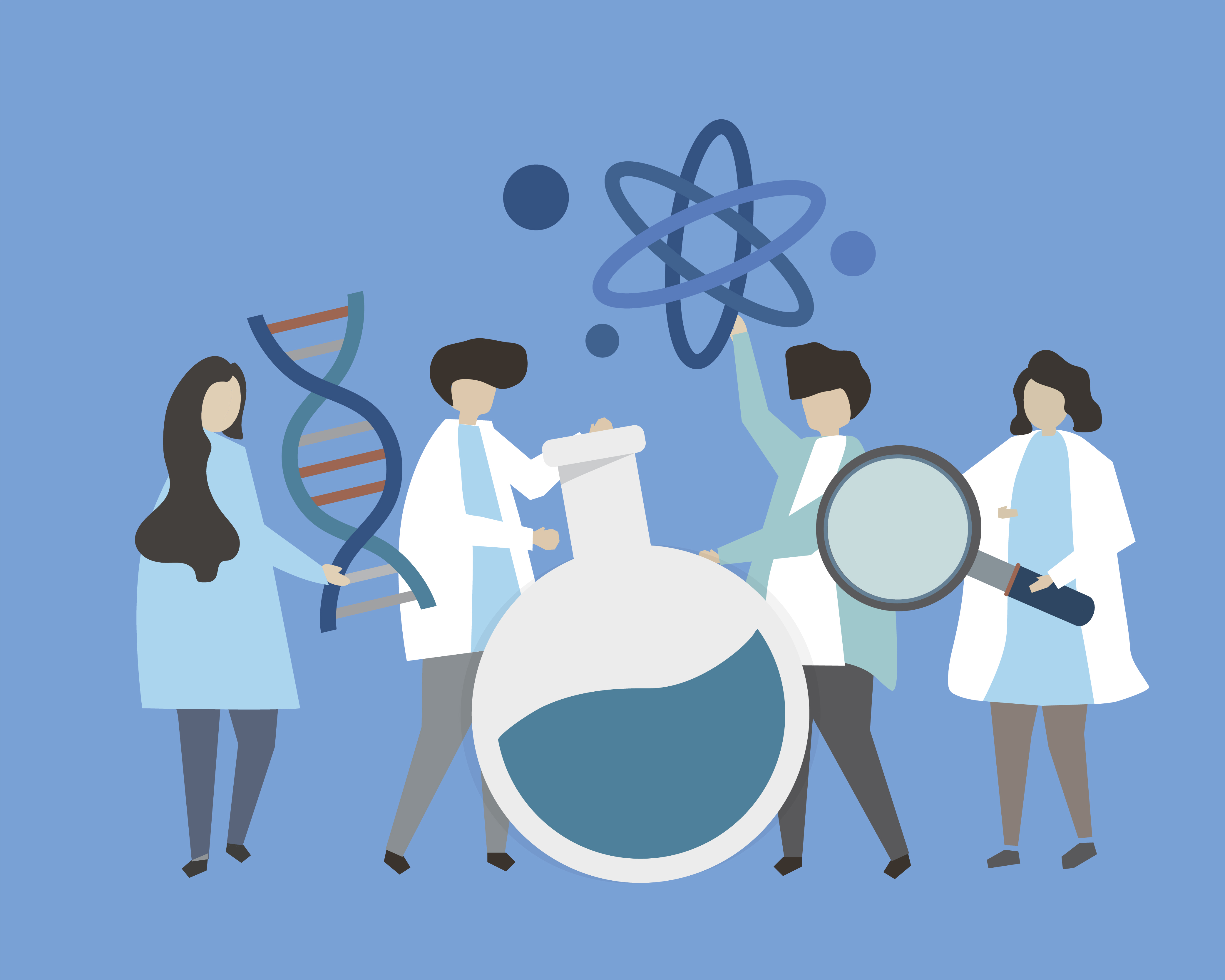 Scientists holding genetic engineering icons illustration - Download