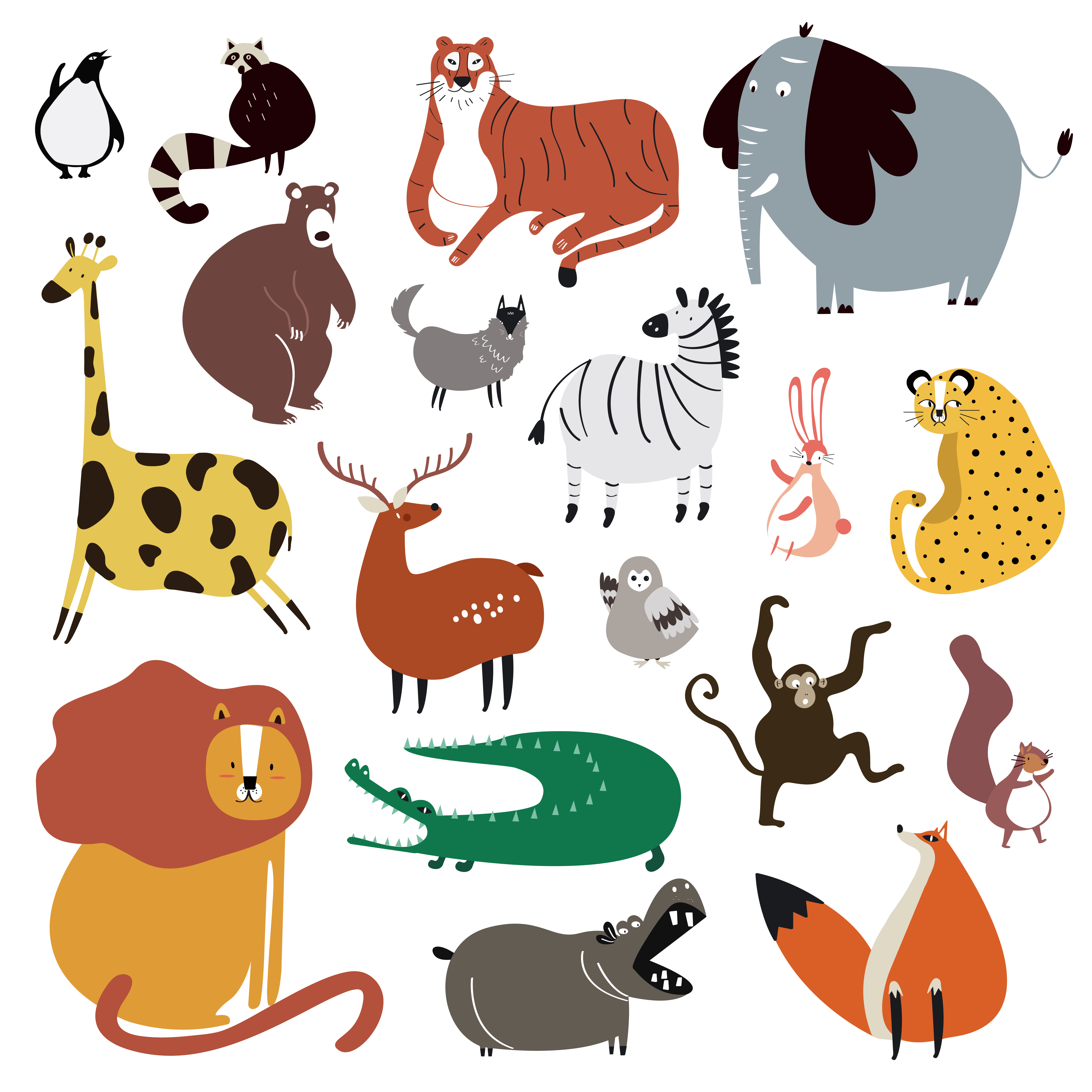 Collection of cute wild animals in cartoon style vector - Download Free