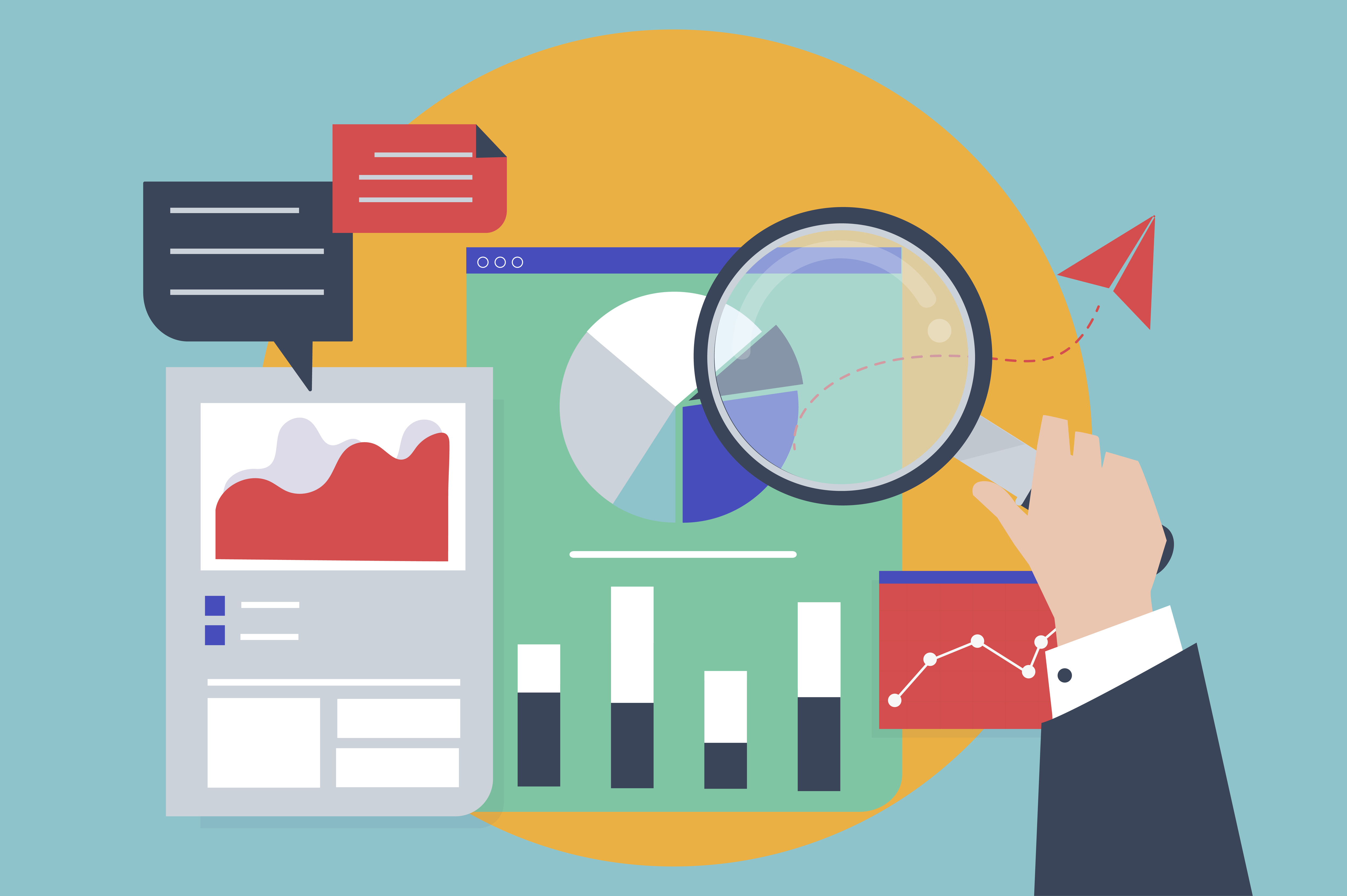 A hand holding a magnifying glass over a document with graphs and charts representing effective marketing performance analysis.