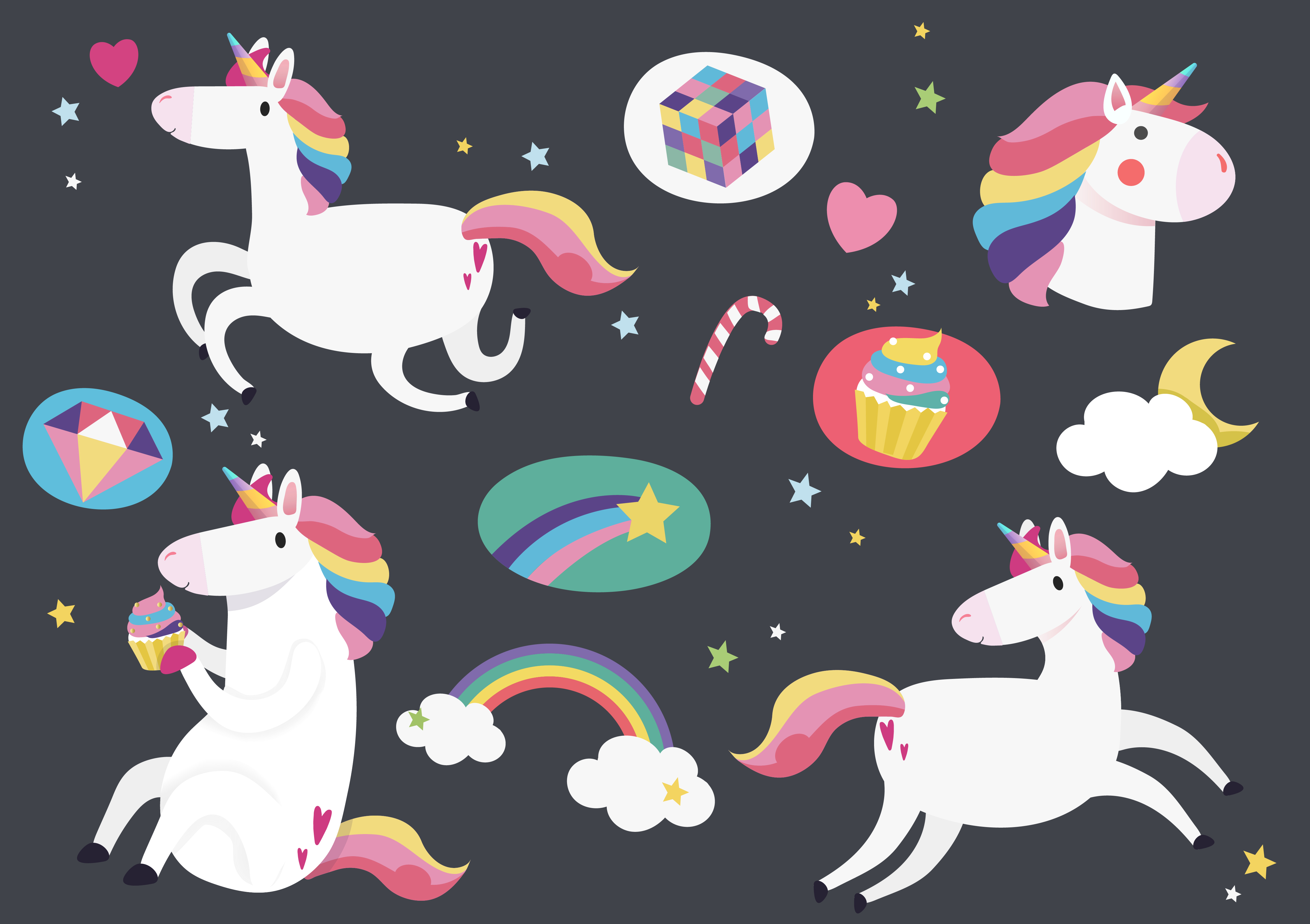 cute unicorns with magic element stickers vector