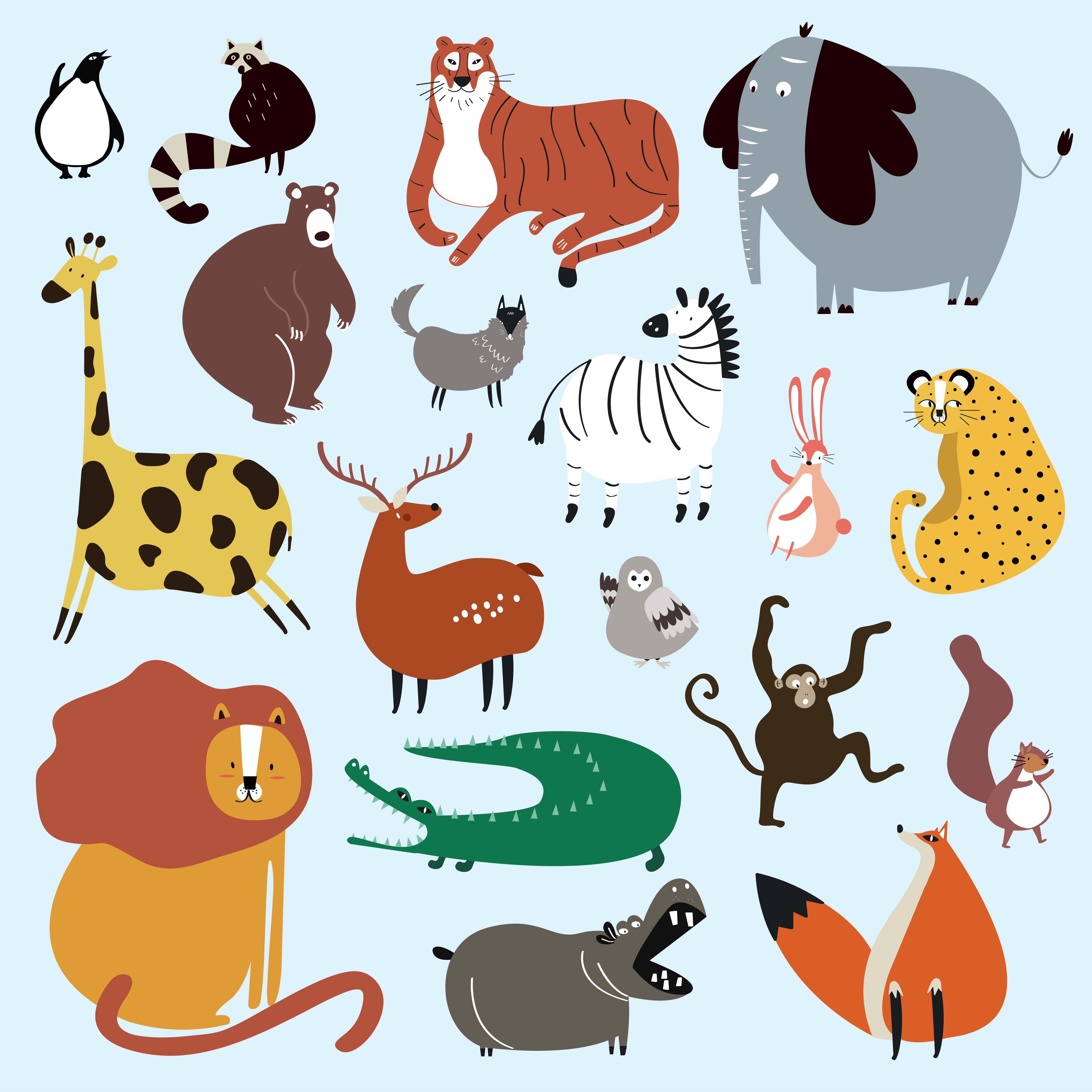 Collection of cute wild animals in cartoon style vector - Download Free