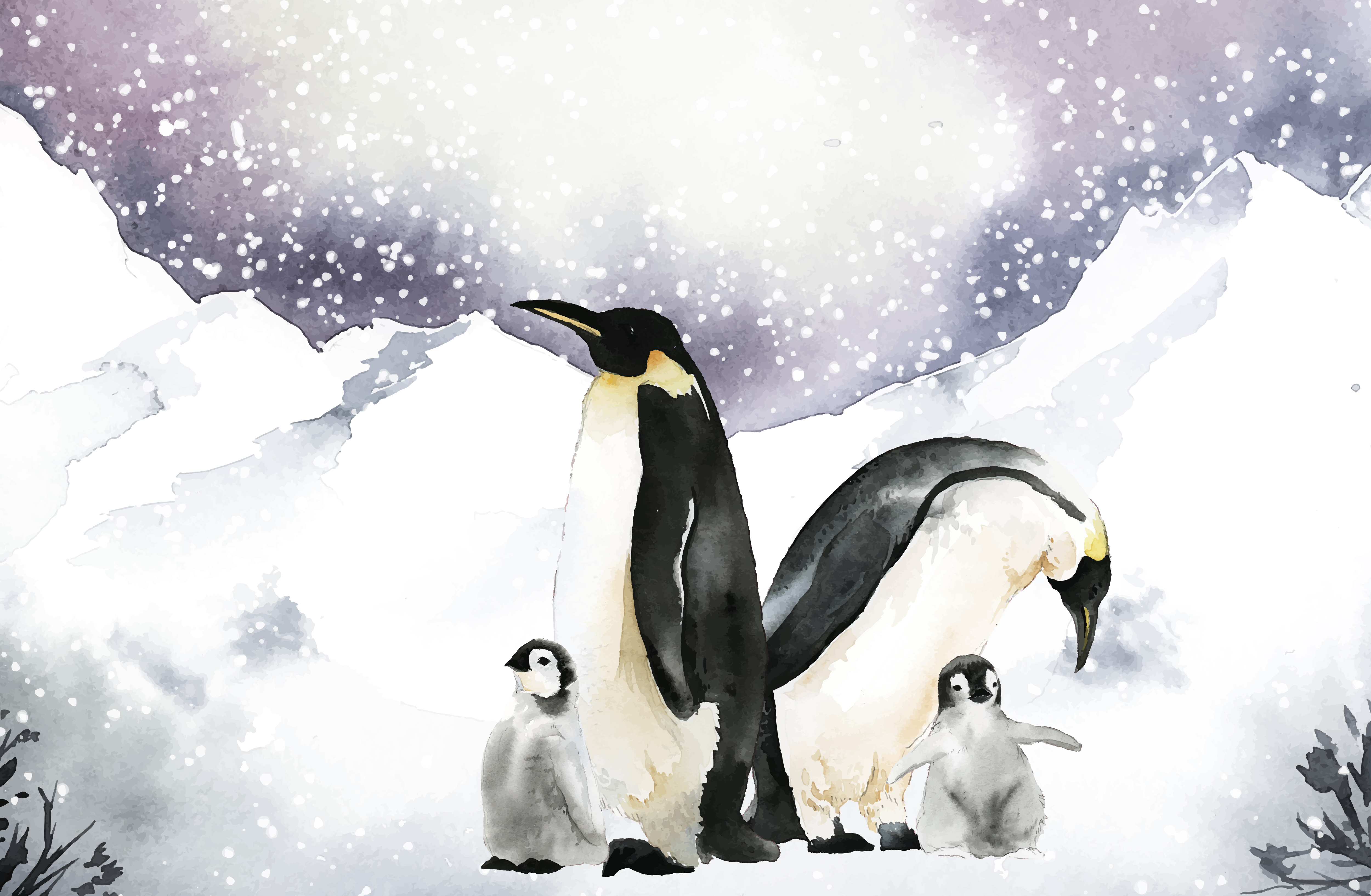Penguins in a winter wonderland watercolor vector - Download Free