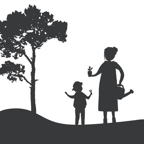 Silhouette Of Mother And Son Gardening Vector Download Free