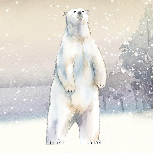 Hand-drawn polar bear in the snow watercolor style vector