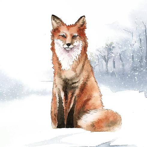 Hand-drawn fox in the snow watercolor style