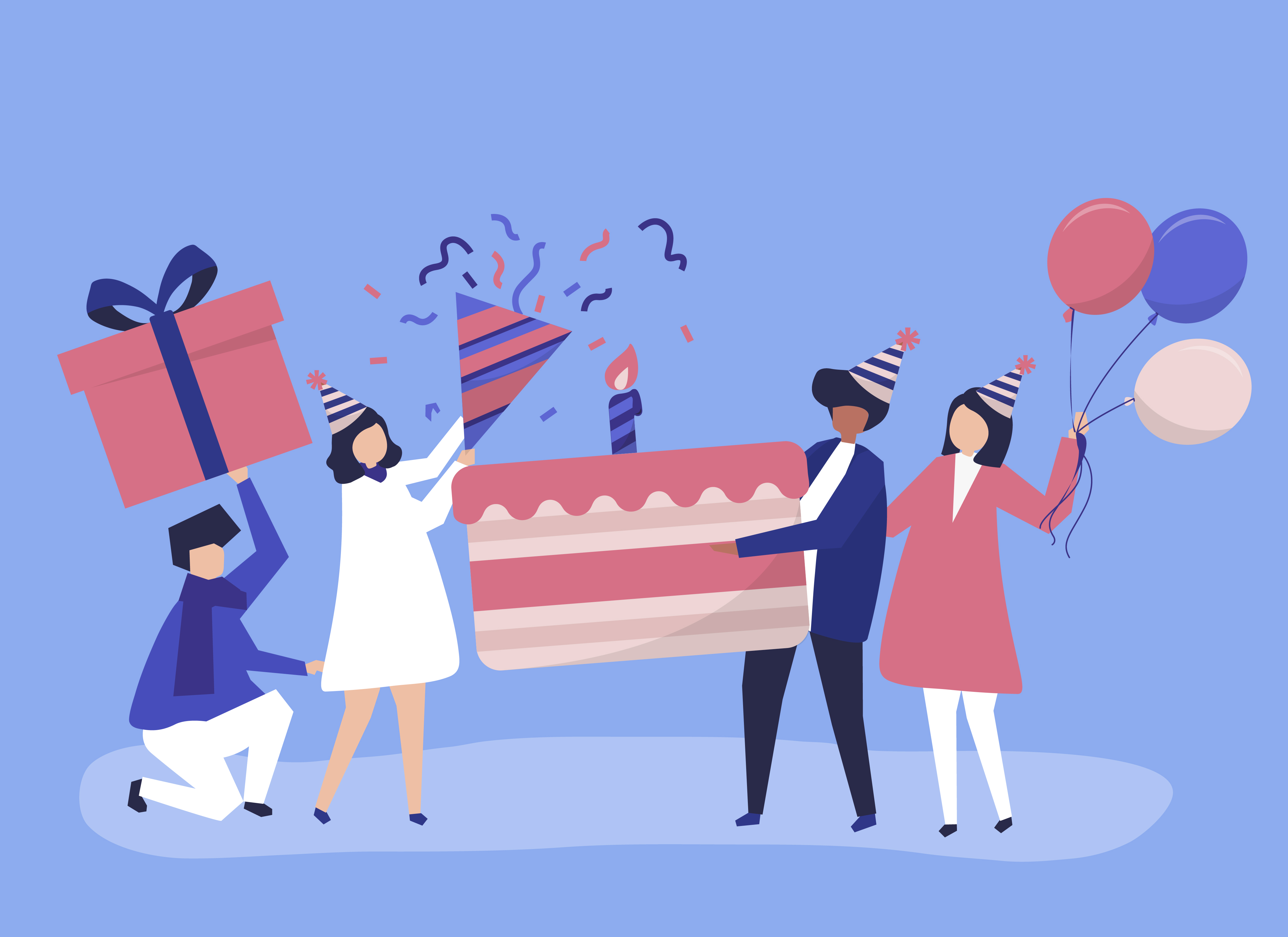 Character illustration of people holding birthday party icons ...