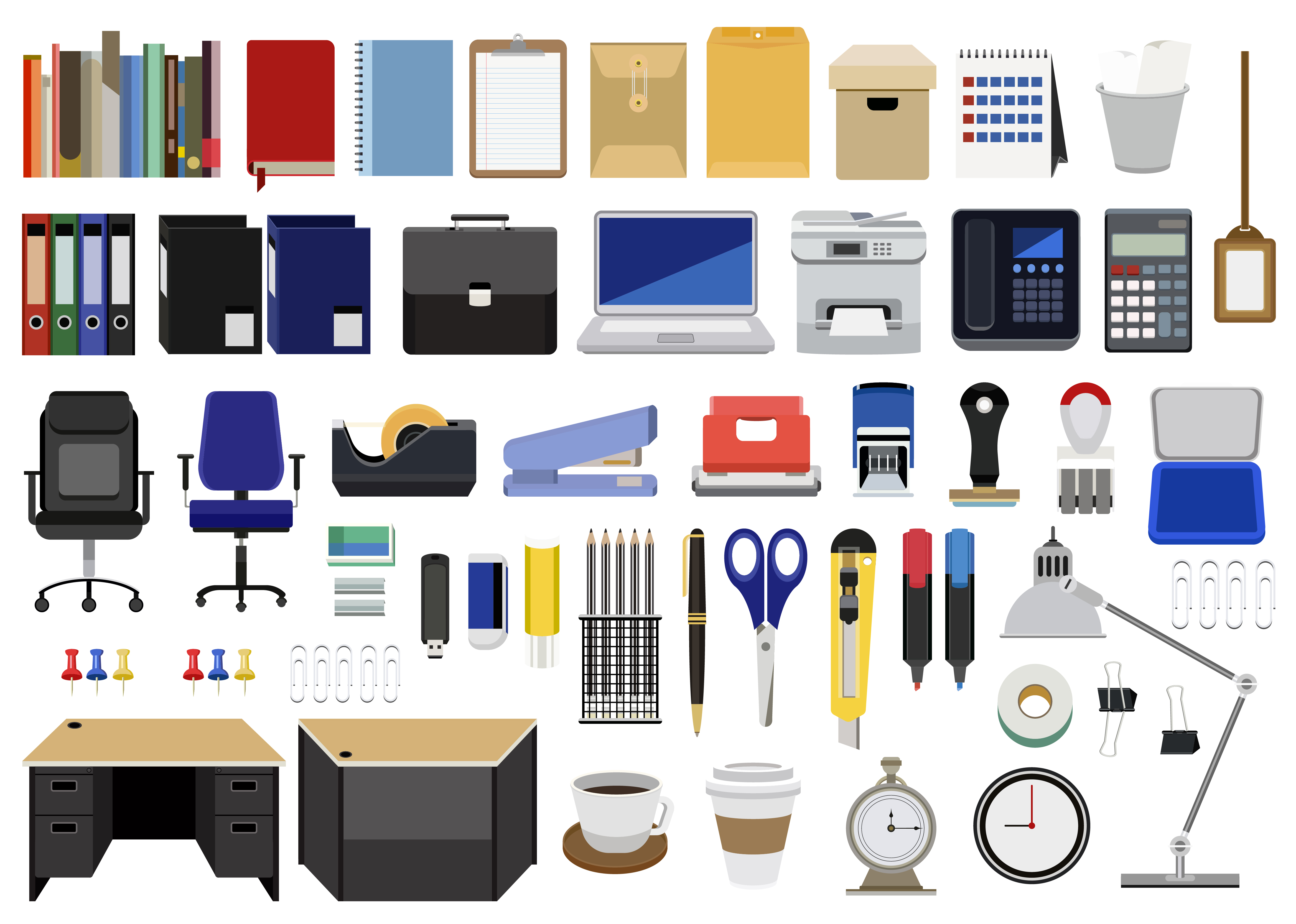 Collection of office stationery, furnitures, and machines isolated on