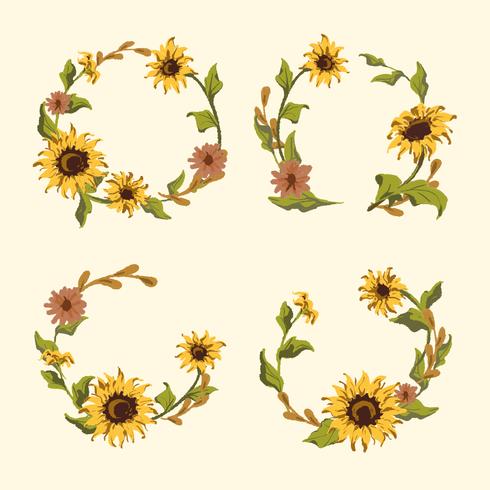 Sunflower wreath and badge vector set