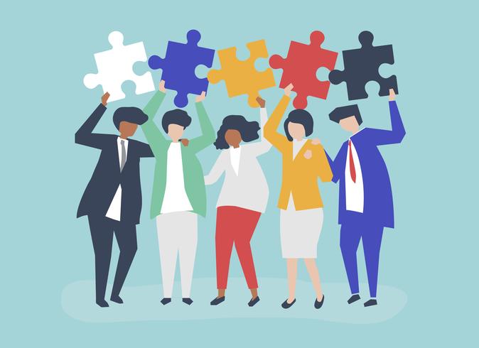 Character of business people holding puzzle pieces illustration