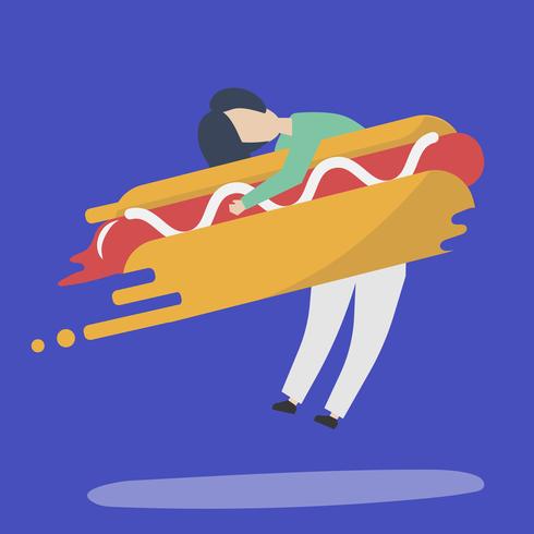 Character of a man hugging a fast food hotdog illustration