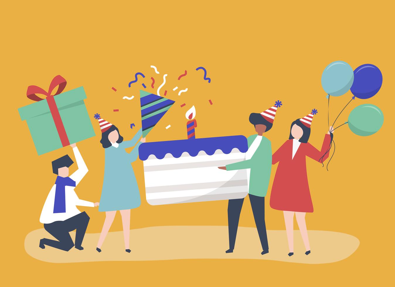 Character illustration of people holding birthday party icons ...