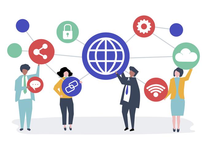 Character illustration of business people with connection icons