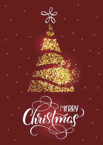 Merry Christmas text on on red holiday background with stilized fir tree and stars vector