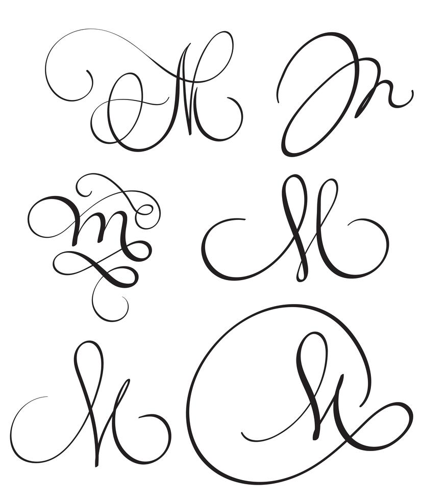 set of art calligraphy letter M with flourish of vintage decorative ...