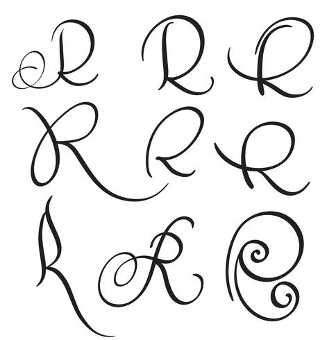 set of art calligraphy letter R with flourish of vintage decorative whorls. Vector illustration EPS10
