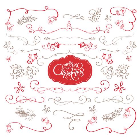 Winter set of decorative calligraphic elements Merry Christmas, dividers and new year ornaments for page decor. Vector lettering