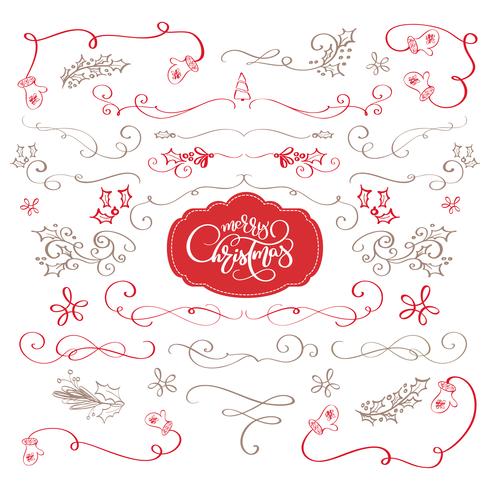 Conjunto de elementos decorativos de caligrafía de invierno Feliz Navidad, separadores y adornos de año nuevo para decoración de página. Letras del vector